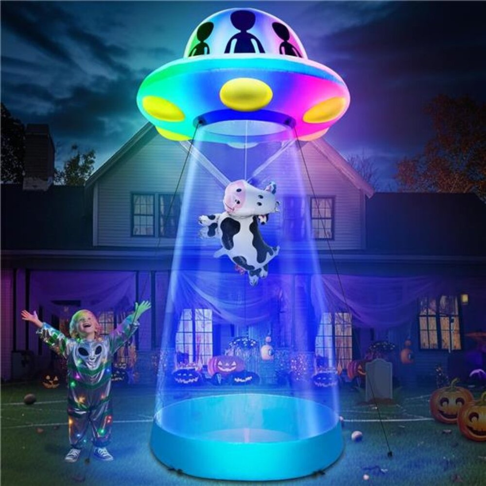 [ 3 Colors Changing Light ] 10 Ft Tall‎ Halloween Inflatable UFO Cow Abduction